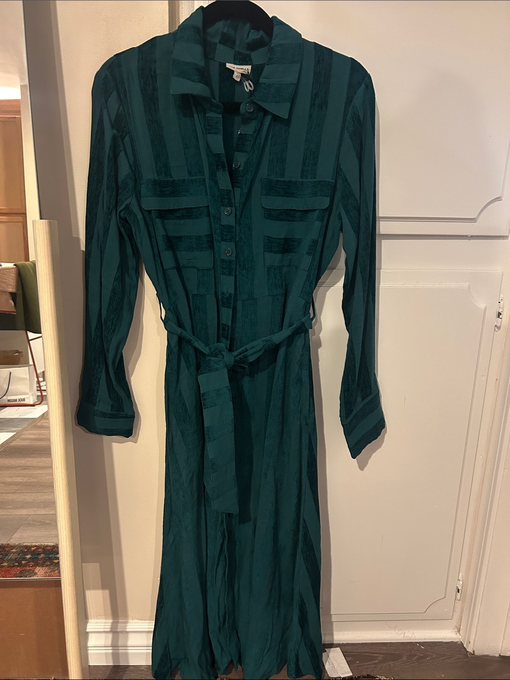Button-Front Emerald Long-Sleeve Shirt Dress with Waist Tie